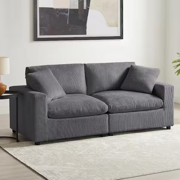 Casella 80 in. Square Arm Corduroy Fabric Rectangle Down Cushion 2-Piece Sofa in Charcoal